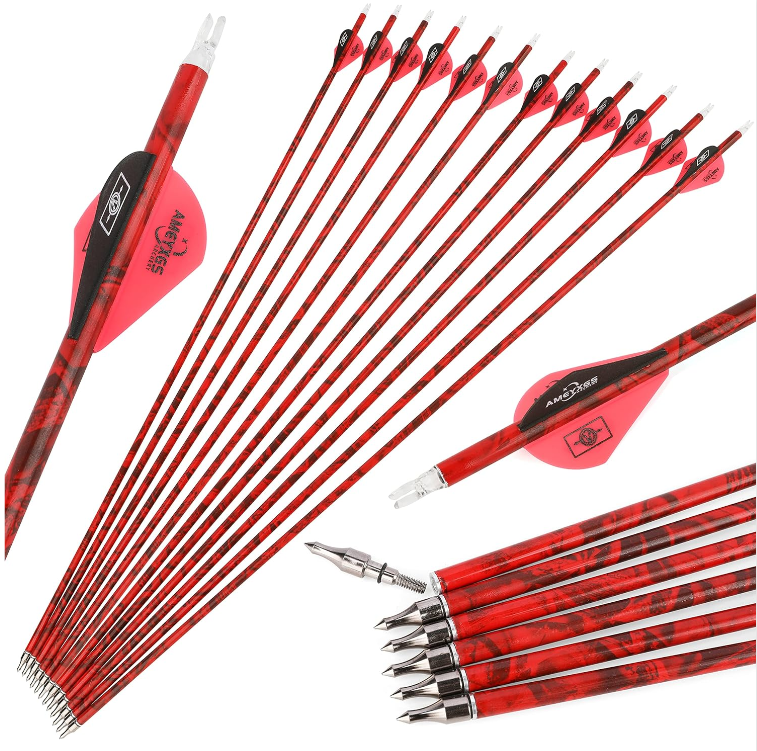 30" Mix Carbon Arrows Archery Hunting Arrows Spine 500 with Removable Tips Targeting Practice Arrows for Compound Recurve Bow